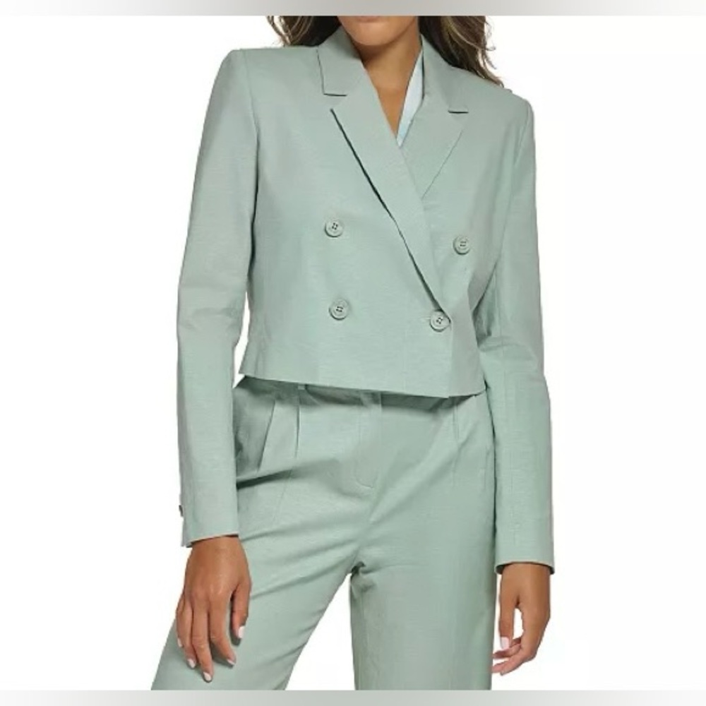 Calvin Klein Women’s Linen Blend Cropped Blazer In Sage Green Size 6